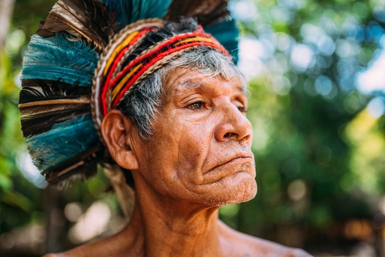 Indian from the Pataxó tribe, with feather headdress.