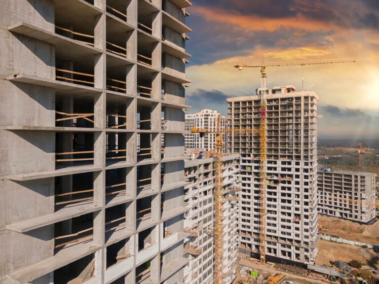 Aerial view at construction site on the sunset