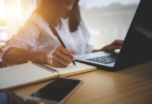young woman  with learning language during online courses using netbook 2025,2026